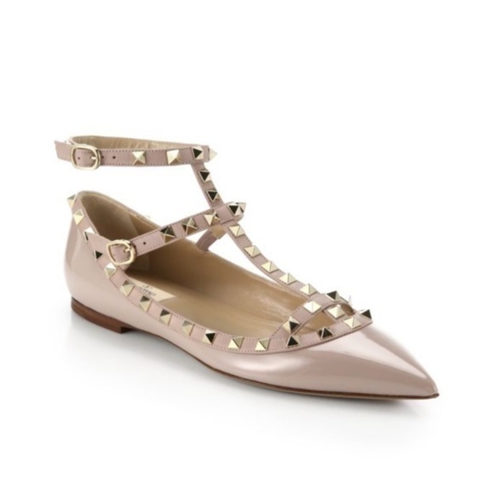 Valentino Garavani Rockstud Patent Leather Caged Flats in Poudre Size 37